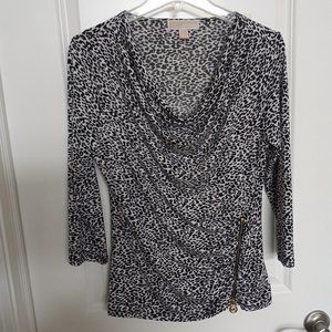 Michael Kors Women's Sz M Black White Top EUC Leopard Print Draped Neck, Zipper